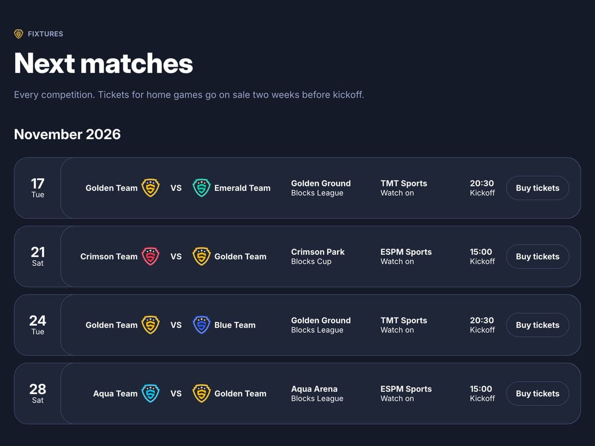 Next matches section of the football club template