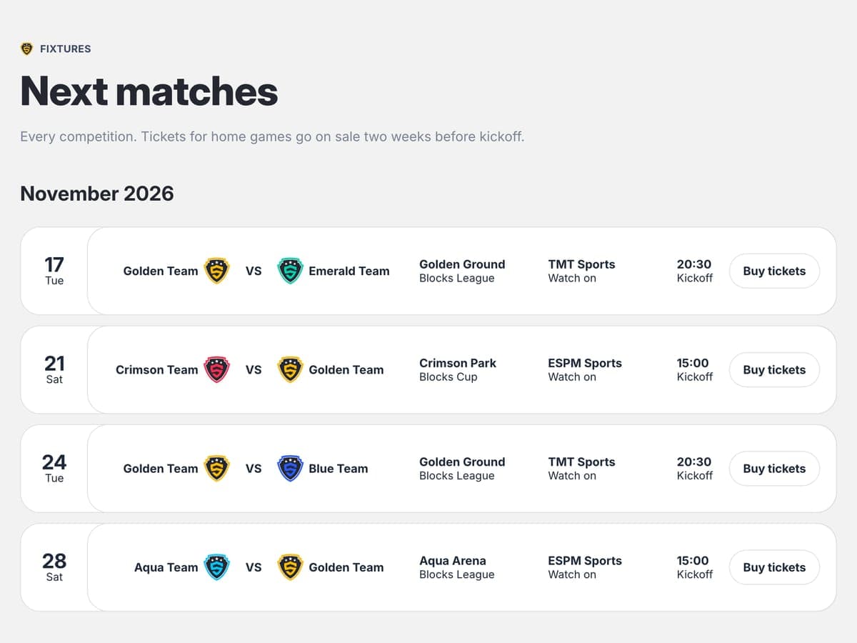 Next matches section of the football club template
