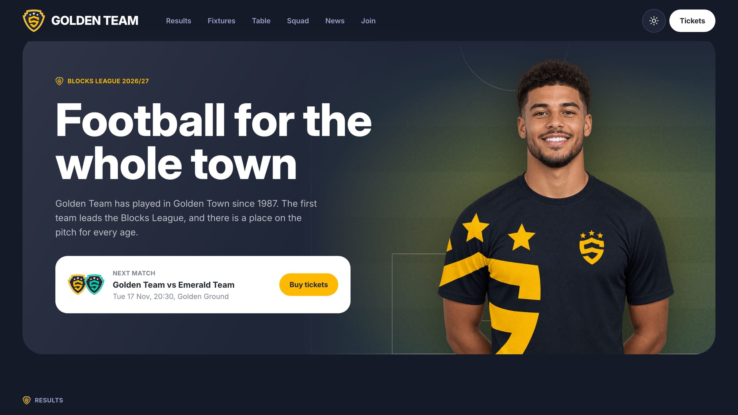The top of the Golden Team football club template: header and hero with the next match
