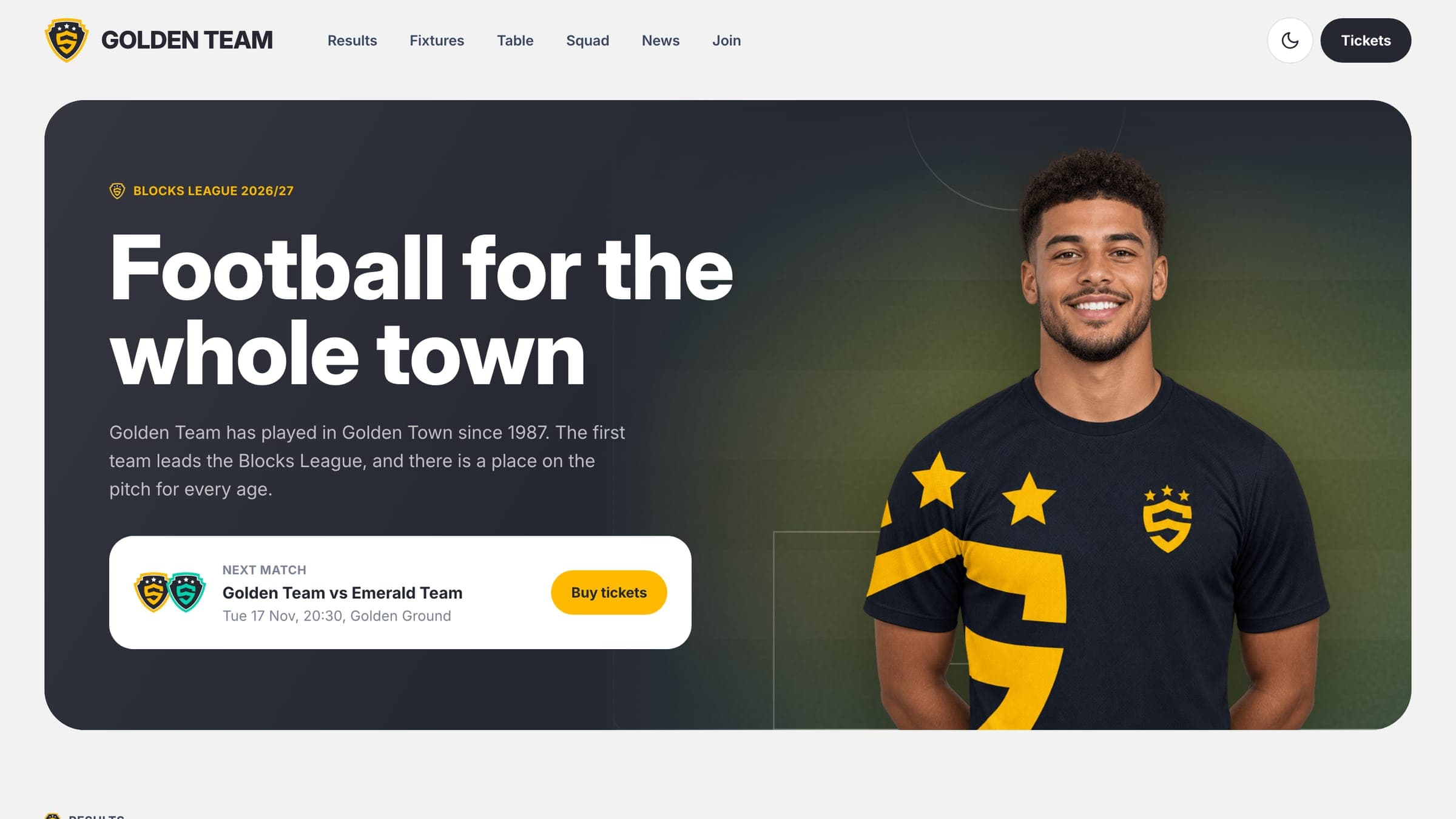 The top of the Golden Team football club template: header and hero with the next match