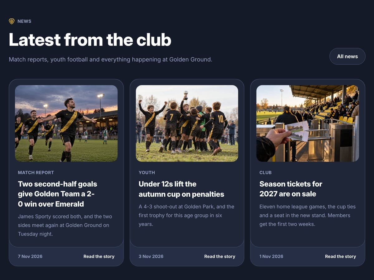 News section of the football club template