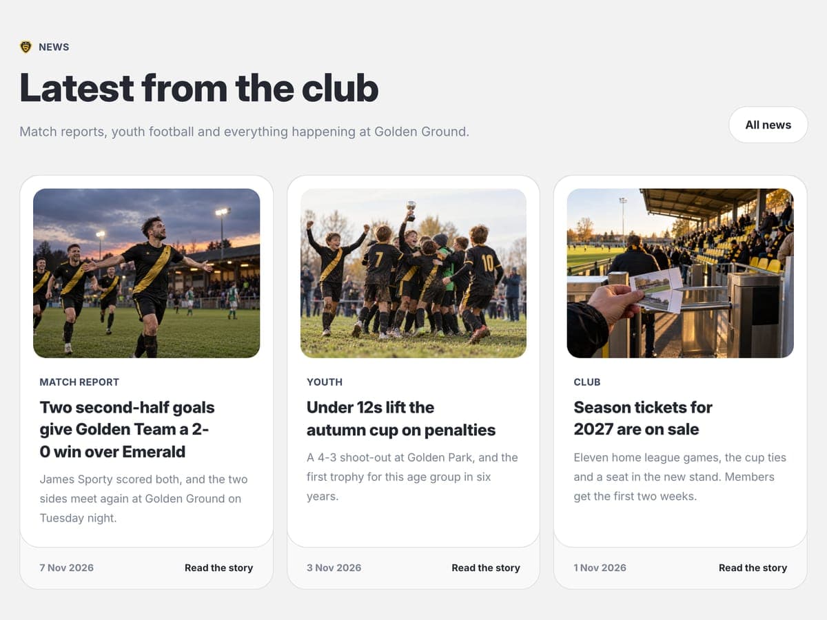 News section of the football club template