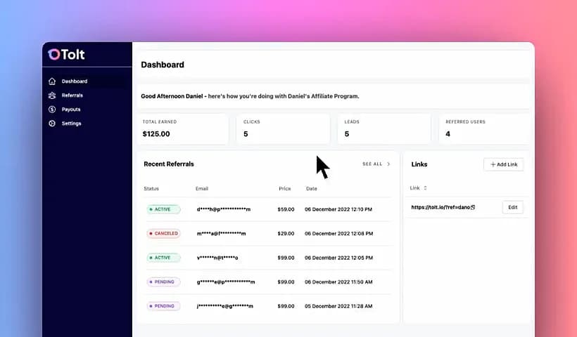 Tolt affiliate dashboard