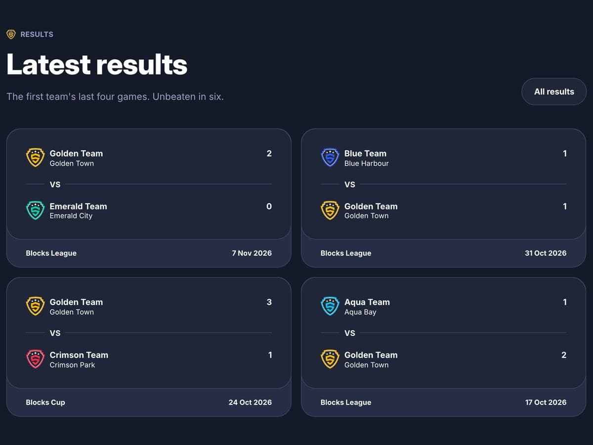 Latest results section of the football club template