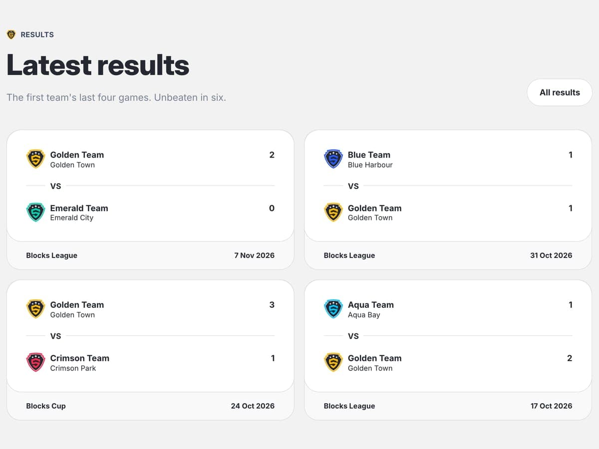 Latest results section of the football club template