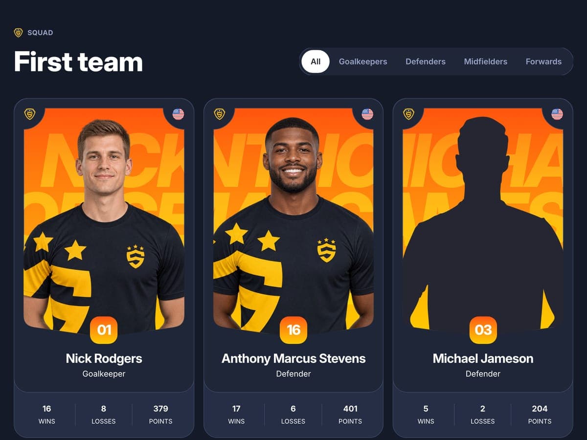 First team with a position filter section of the football club template