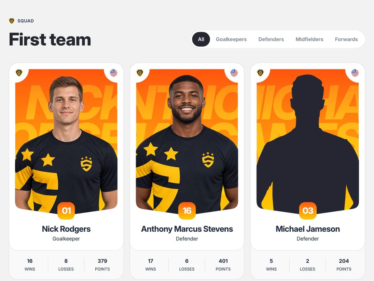 First team with a position filter section of the football club template