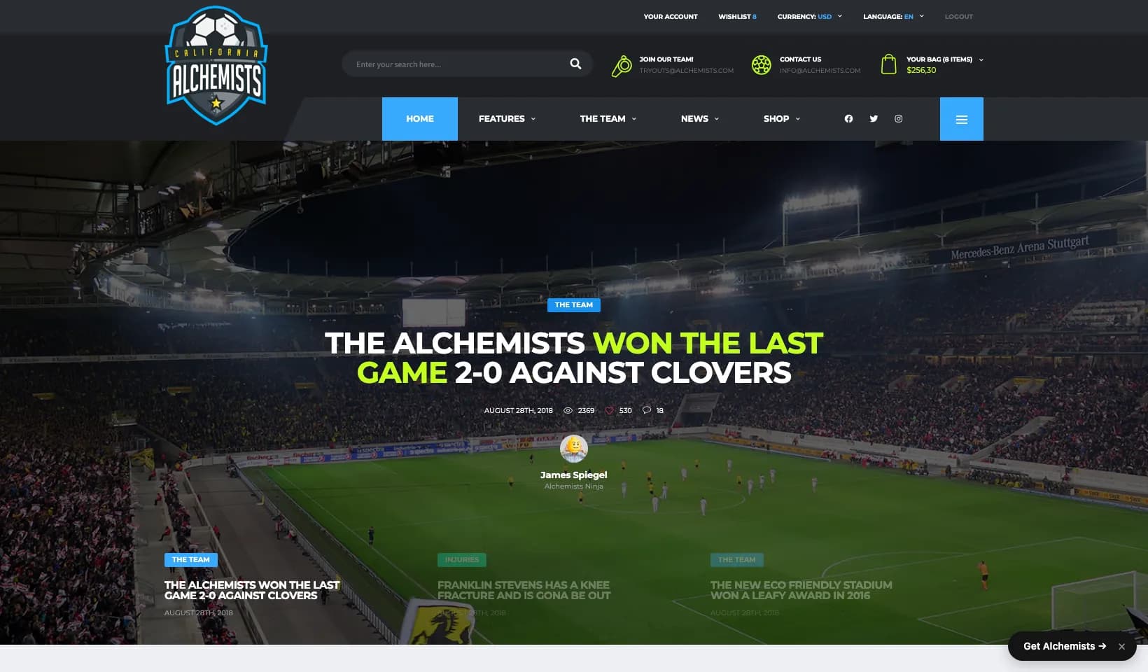 Alchemists HTML template, soccer demo homepage