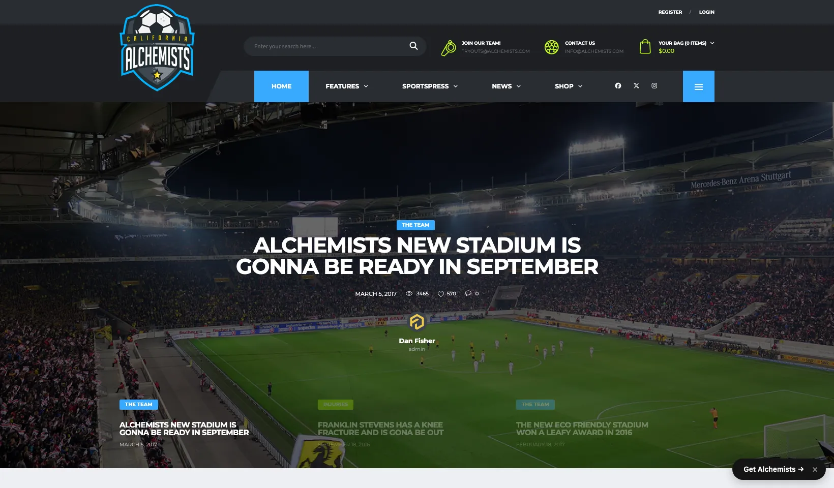 Alchemists WordPress theme, soccer demo homepage with a stadium hero and news cards