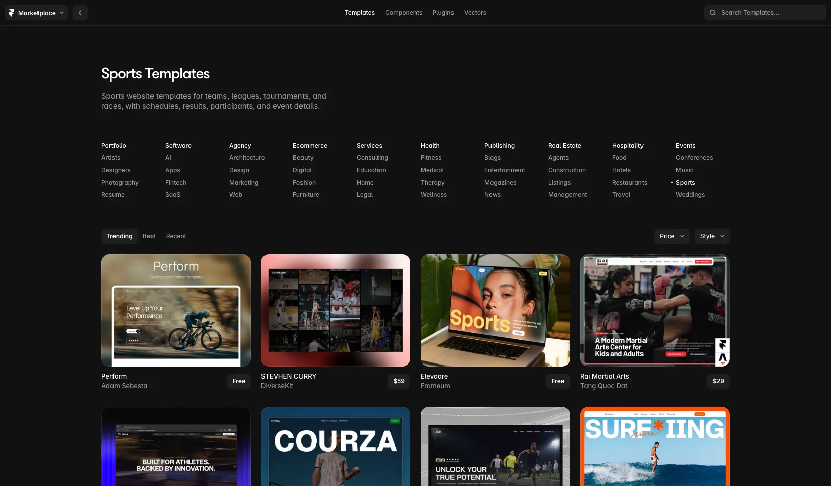 Framer Marketplace sports templates category