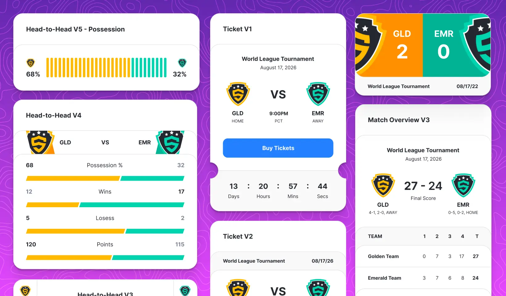 New SportyBlocks components: Ticket v1 with countdown timer, Head-to-Head possession bar, and Match Overview v3