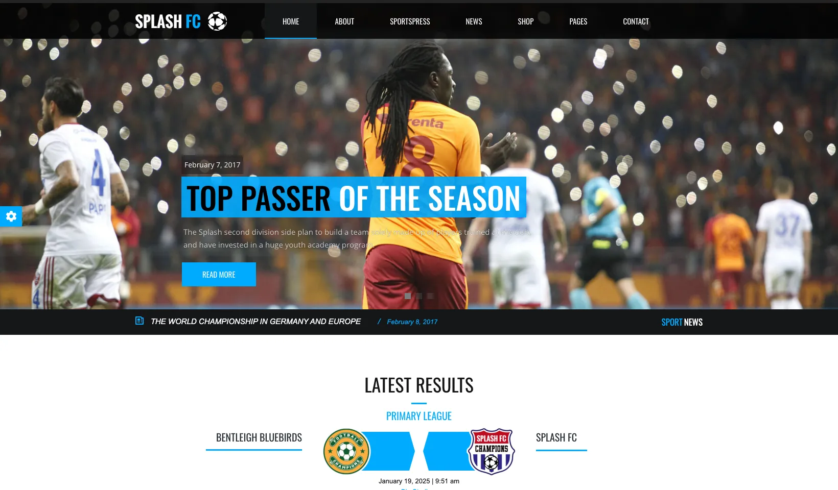 Splash WordPress theme, soccer demo homepage