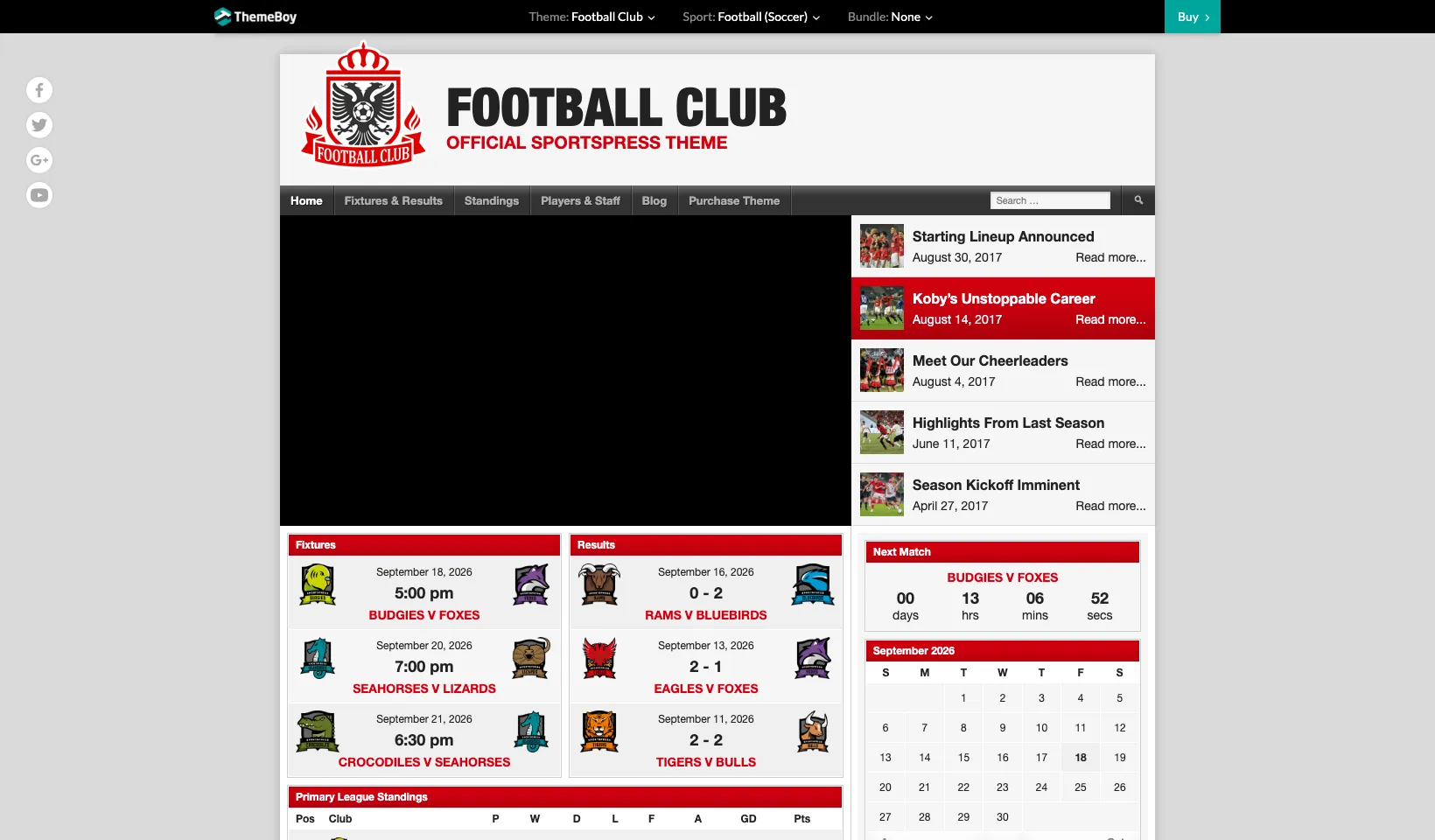 ThemeBoy's Football Club theme demo running on SportsPress