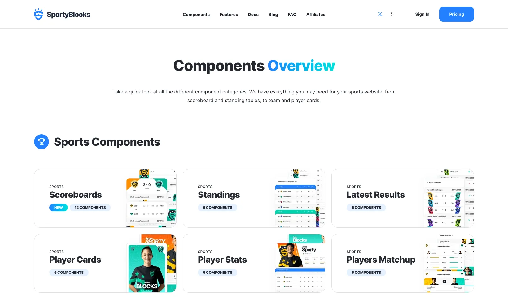 SportyBlocks components overview page with the sports component categories