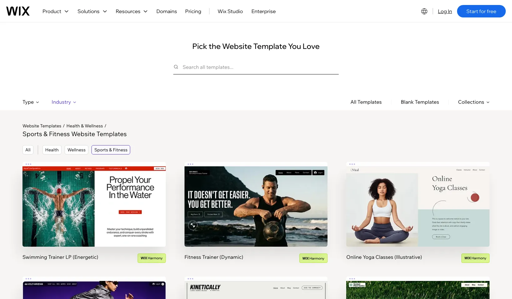 Wix sports and fitness website templates gallery
