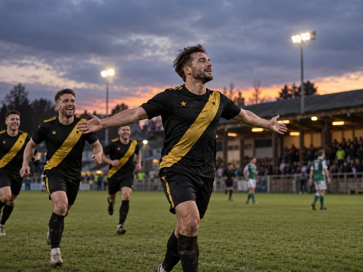Golden Team players celebrating a goal under the floodlights