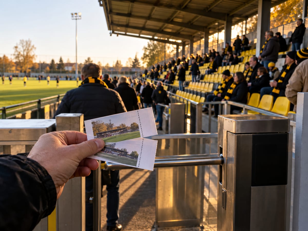 A supporter holding two match tickets at the turnstile